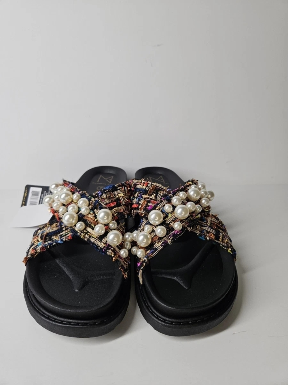 Tweed Pearl-Embellished Black Slide Sandals for Women